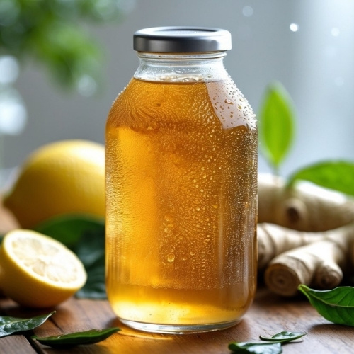 Kombucha in Glas auf Tisch